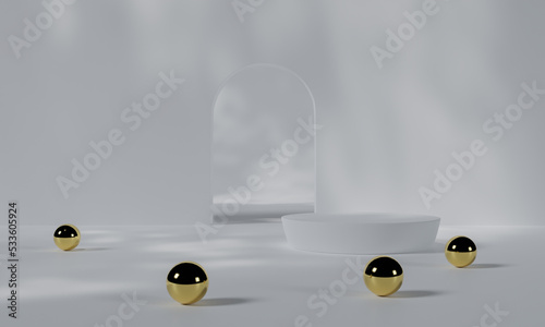 White podium and white background stand or podium pedestal on advertising display with blank backdrops. 3D rendering.