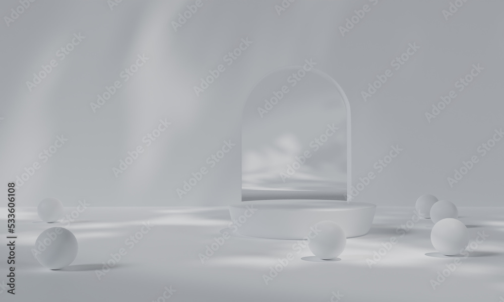 White podium and white background stand or podium pedestal on advertising display with blank backdrops. 3D rendering. White podium and white background stand or podium pedestal on advertising display with blank backdrops. 3D rendering.