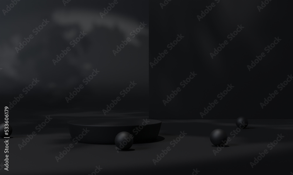 Fototapeta premium Black podium and black background stand or podium pedestal on advertising display with blank backdrops. 3D rendering.