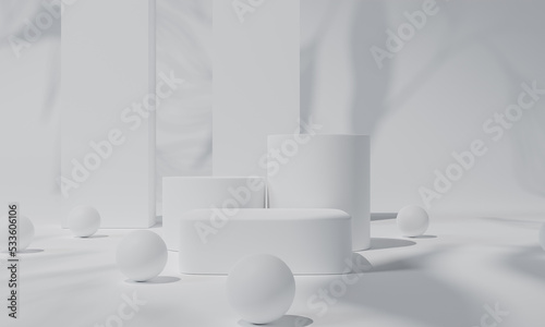 White podium and white background stand or podium pedestal on advertising display with blank backdrops. 3D rendering.