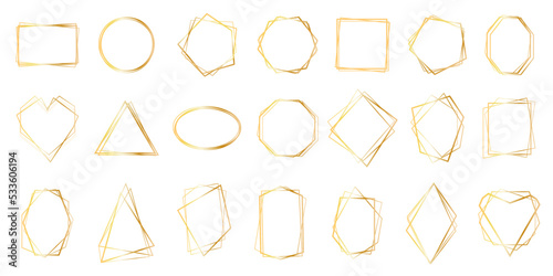 Set of geometric gold frame isolated on white.Golden Geometrical frames.Simple abstract golden frames.Set of luxury gold frames collection.Wedding invitation elements.