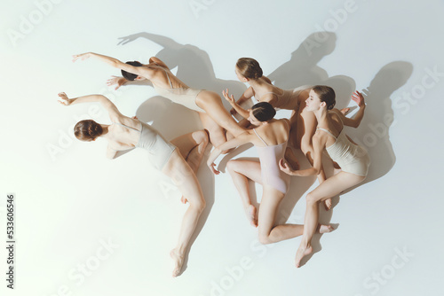 Group of young girls, ballet dancers performing, posing isolated over grey studio background. Floor dance