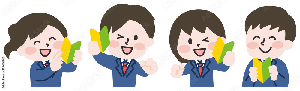  初心者マークをもつ学生たち のイラスト