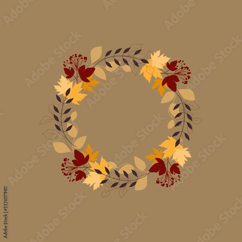 Decorative wreath with branches, viburnum and maple leaves. Autumn design for cards, banners, polygraphy, wall decor.