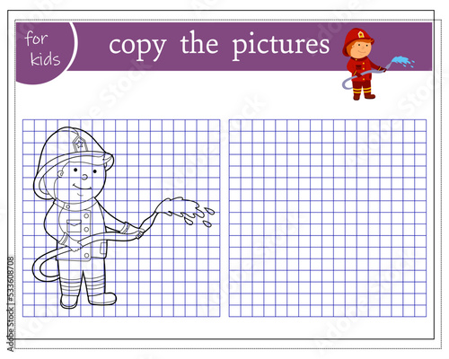 Copy the picture, educational games for kids, cute cartoon firefighter. vector isolated on a white background.