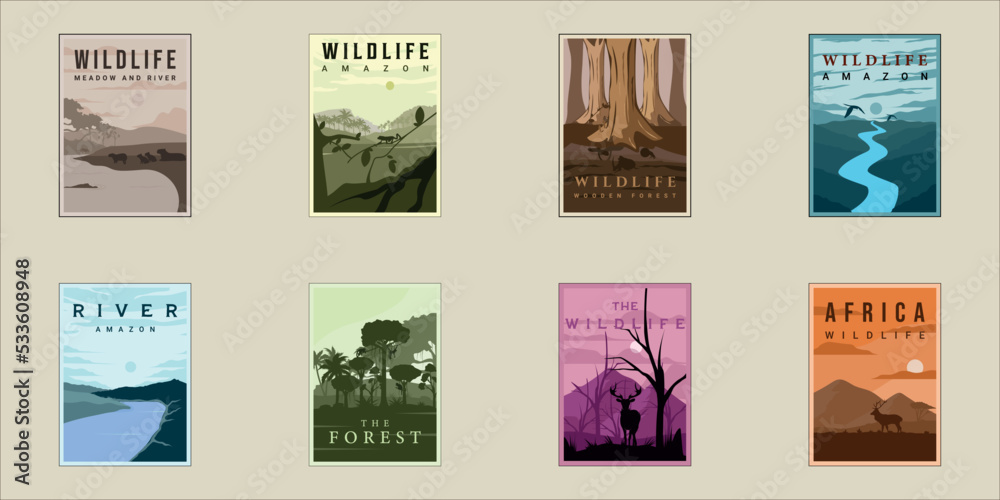 set of wildlife poster vintage minimalist vector illustration template graphic design. bundle collection of various forest outdoor nature concept at jungle lake river amazon and meadow