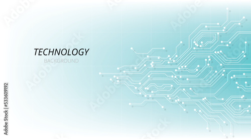 Technology circuit diagram on white, blue background.High tech circuit board connection system.Vector abstract technology on white background.