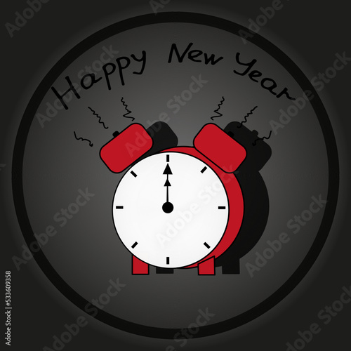 New year cut out paper greeting card with doodle alarm clock with inscription Happy New Year. Background with beautiful cartoon red ringing clock with a time of twelve o'clock in the evening. 