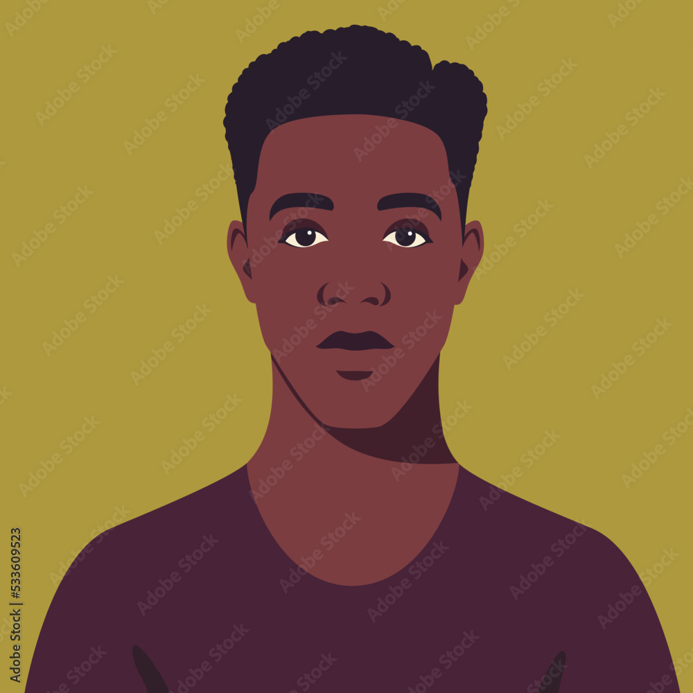 Young african man. Portrait of serious student. Avatar of guy for social networks. Abstract male portrait, full face. Stock vector isolated illustration in flat style.