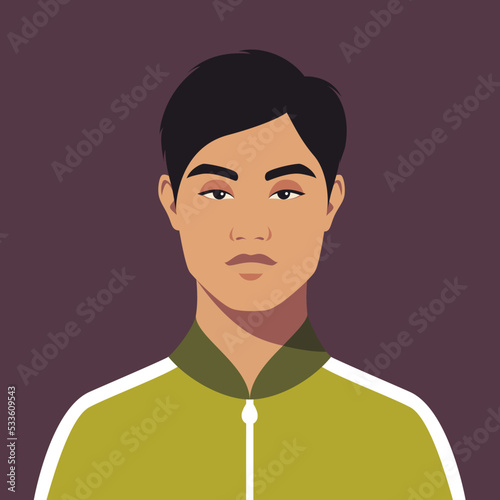 Portrait of young asian man. Portrait of serious student. Avatar of eastern guy for social networks. Abstract male portrait, full face. Stock vector isolated illustration in flat style.