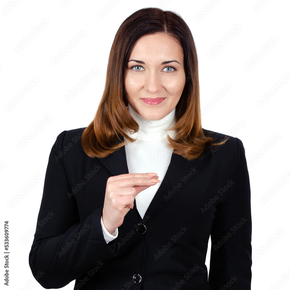 Portrait of a young woman showing figures with her fingers Portrait of a young woman showing figures with her fingers