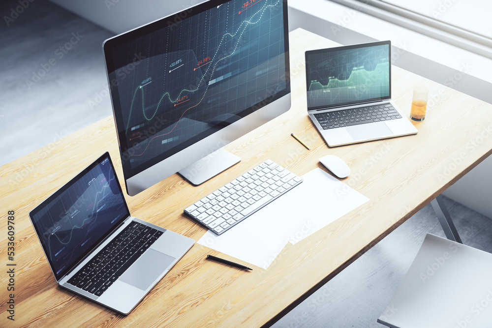 Computer monitor with abstract creative analytics data spreadsheet, analytics and analysis concept. 3D Rendering Computer monitor with abstract creative analytics data spreadsheet, analytics and analysis concept. 3D Rendering