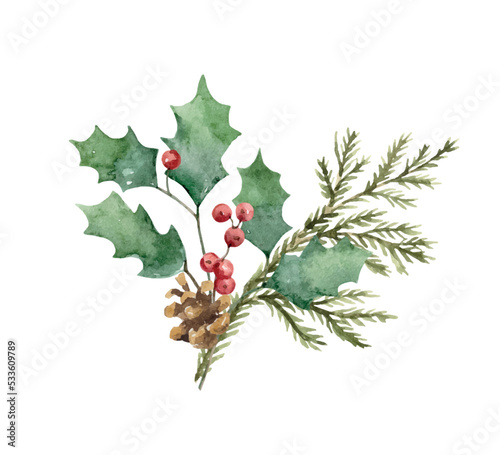 Watercolor vector Christmas arrangement with spruce branch, cone and holly jolly branches.