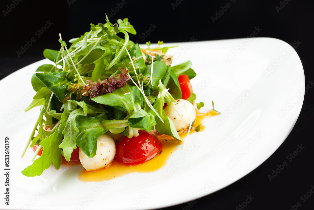 Mini tomatoes, mozzarella balls and greens in a plate. Mini tomatoes, mozzarella balls and greens in a plate.