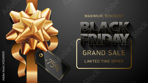 Decorative gold ribbon bow with price tag isolated on black background. Glossy vector tag decorative golden text. Black Friday Grand Sale design maximum discount