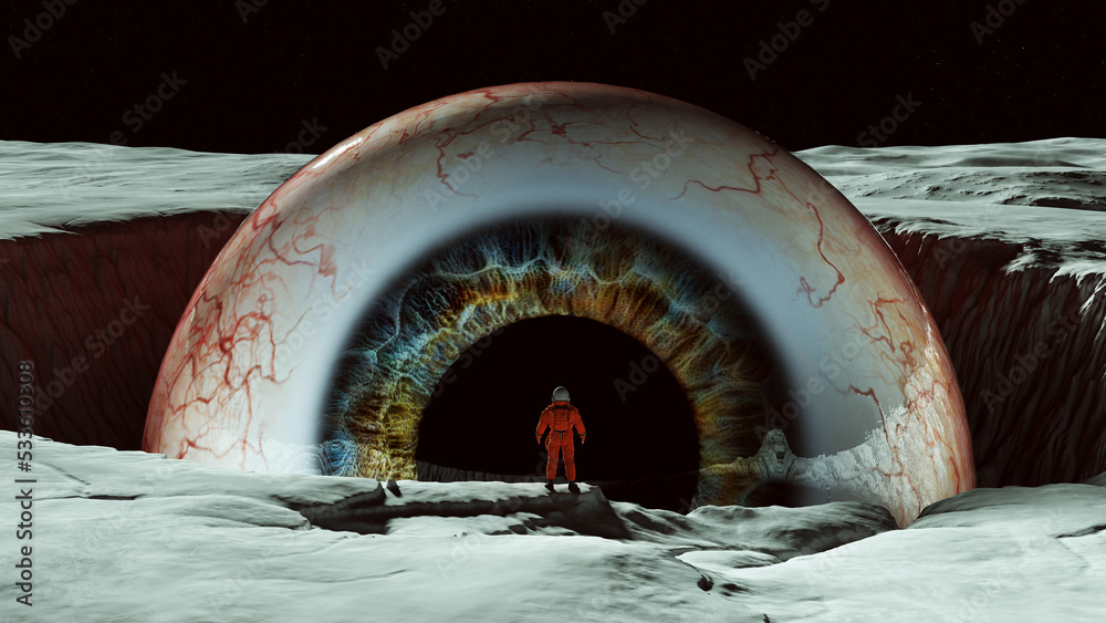 Giant Eyeball Looking on the Moon with an Orange Astronaut Spaceman Spacewoman Moonscape Crater Interstellar Sci Fi 3d illustration render