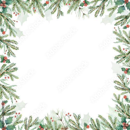 Fotografia Watercolor vector Christmas card with fir branches and copy space