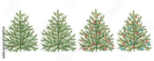Watercolor vector set of Christmas trees with balls and candles.