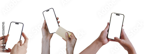 Hand holding smartphone phone with blank screen and modern frameless design on iphone, hold Mobile phone on transparent background Ideal for marketing, app design, UI and UX - include clipping path.