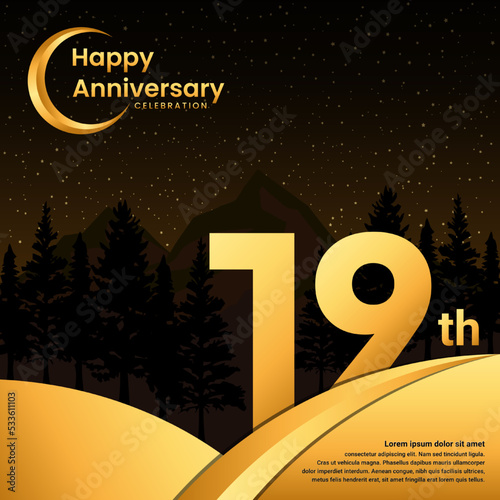 19th anniversary, Anniversary Celebration with golden text, isolated on mountains background, vector template illustration