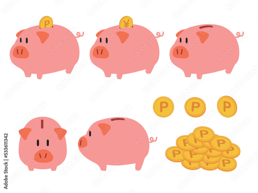 豚の貯金箱とコインのセット