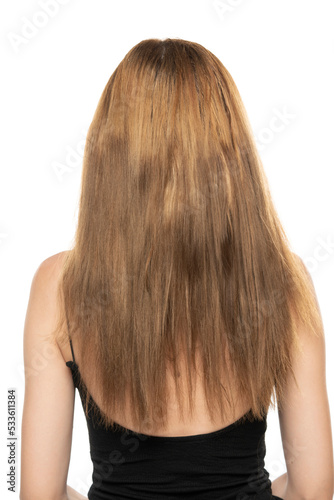 Back view of a young woman with brown long hair on a white background.