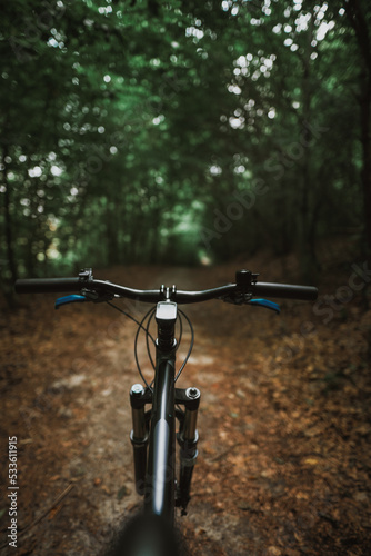 Mountain biker riding on flow single track trail in green forest, POV behind the bar's view of the cyclist. POV MTB riding in the woods. Outdoors active sports concept.