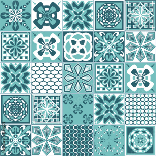 Mint green seamless pattern, spanish portuguese tile for decoration, vector illustration