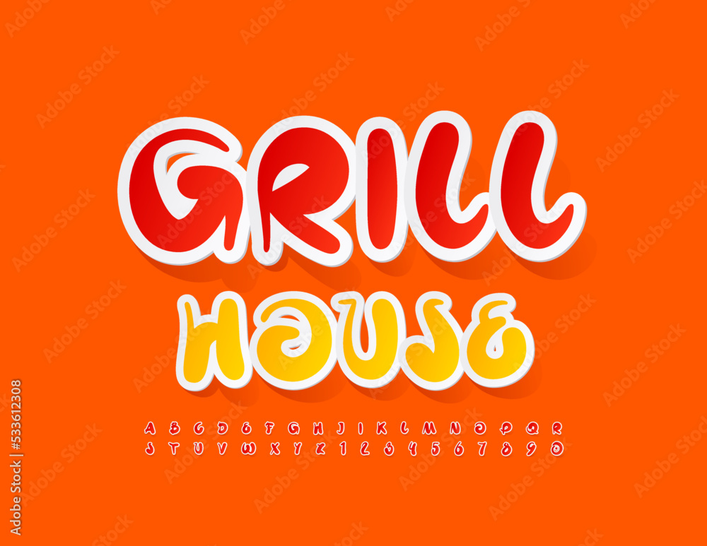 Vector bright emblem Grill House. Red sticker Font. Handwritten Alphabet Letters and Numbers set