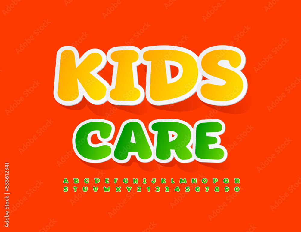 Vector colorful logo Kids Care. Green Sticker Font. Creative Alphabet Letters and Numbers set