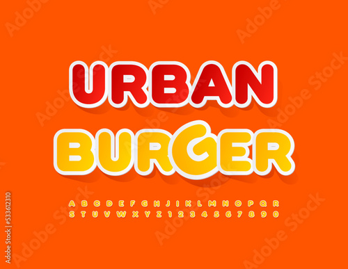 Vector creative emblem Urban Burger. Yellow sticker Font. Trendy style Alphabet Letters and Numbers set