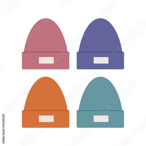 Vector set of colorful beanie hat with unbranded mockup label isolated on white. Flat minimal illustration.