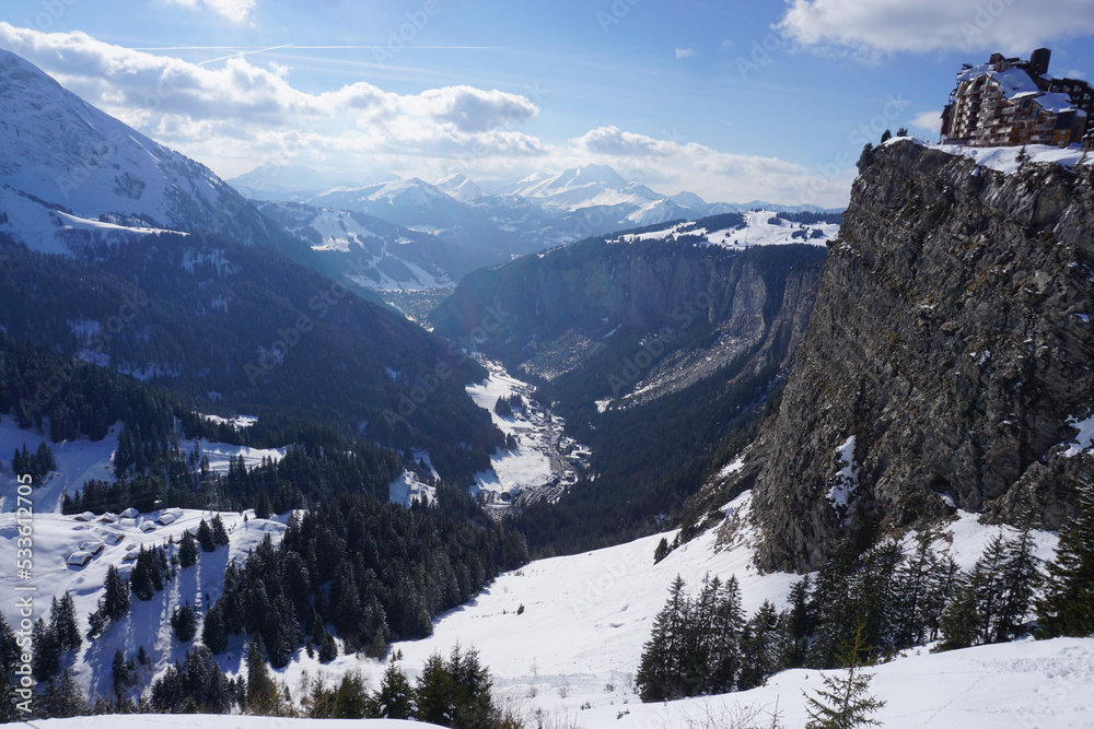 view of the valley of the ski resort in the french alps Avoriaz from the cliffs