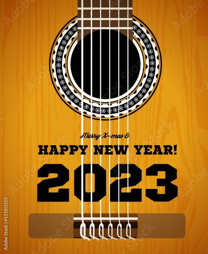 Congratulations on the new year 2023. Classical acoustic guitar close-up. Vector