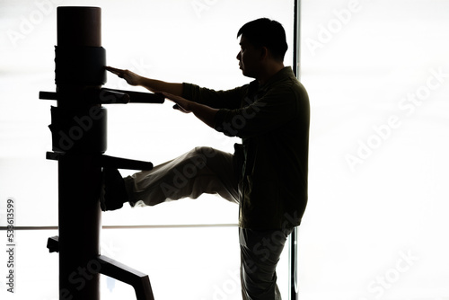 Silhouette of a fighter Wing Chun and wooden dummy on a background. Wing Chun Kung Fu Self defense