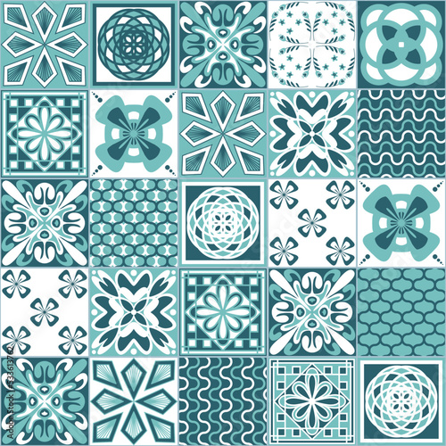 Azulejo talavera ceramic tile portuguese vintage pattern, green mint white background, vector illustration