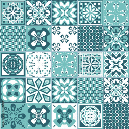 Azulejo talavera ceramic tile portuguese vintage pattern, green mint white background, vector illustration