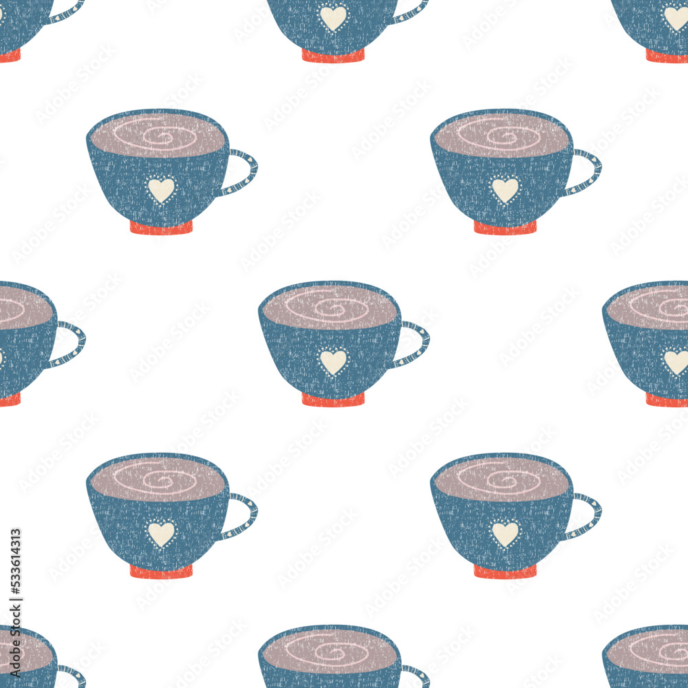 Seamless pattern with hand drawn cups of coffee illustrations on white background. Autumn and winter mood. Scandinavian style