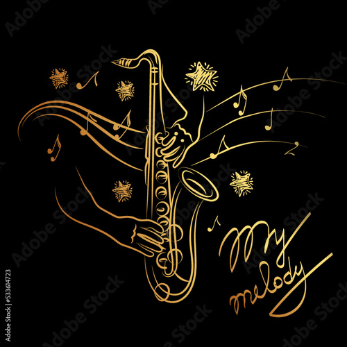 A set of musical elements for a jazz look. Inspirational saxophone playing, hand-drawn doodle. Flying notes and stars. Music. Hand-drawn doodle, my melody. Inspiration. Isolated vector illustration.