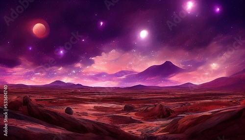 Alien planet landscape with moon illustration