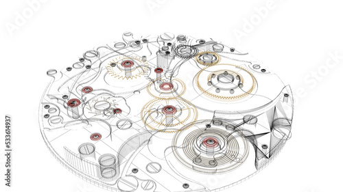 Clock without case, mechanisms and hands to measure time, 3d illustration, 3d rendering