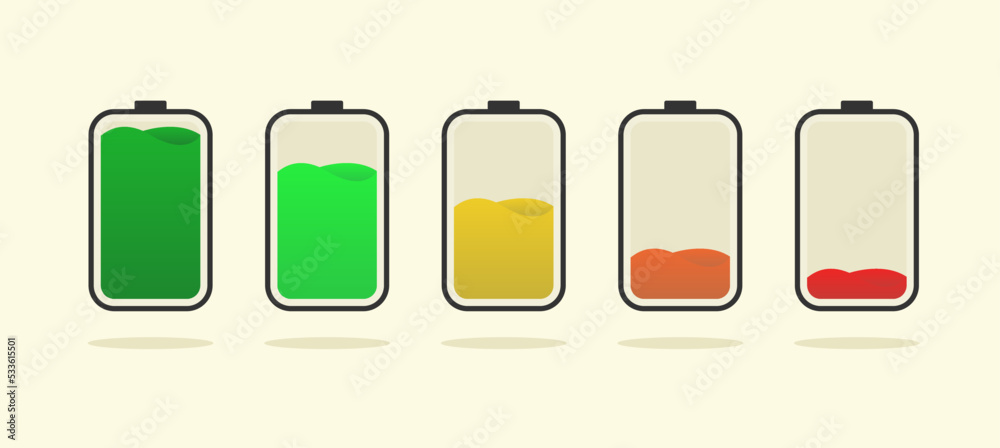 vector with set of batteries. flat illustration of batteries. gradation of used batteries. maximum battery capacity and minimum. vector with set of batteries. flat illustration of batteries. gradation of used batteries. maximum battery capacity and minimum.