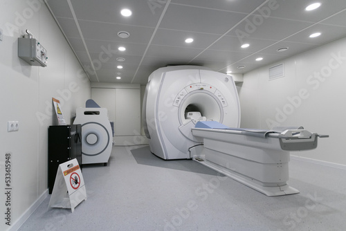 MRI machine in a hospital laboratory. Computed tomography room. General view of a huge tomograph in the hospital.