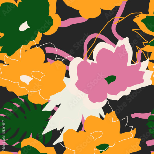 Naif modern abstract floral  seamless pattern. Surreal tropical plants and flowers silhouette. Vector