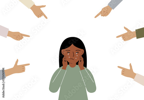 The concept of public condemnation, victim blaming and bullying. Crying depressed girl. The fingers point at the character and hate him. Internet cyberbullying.
