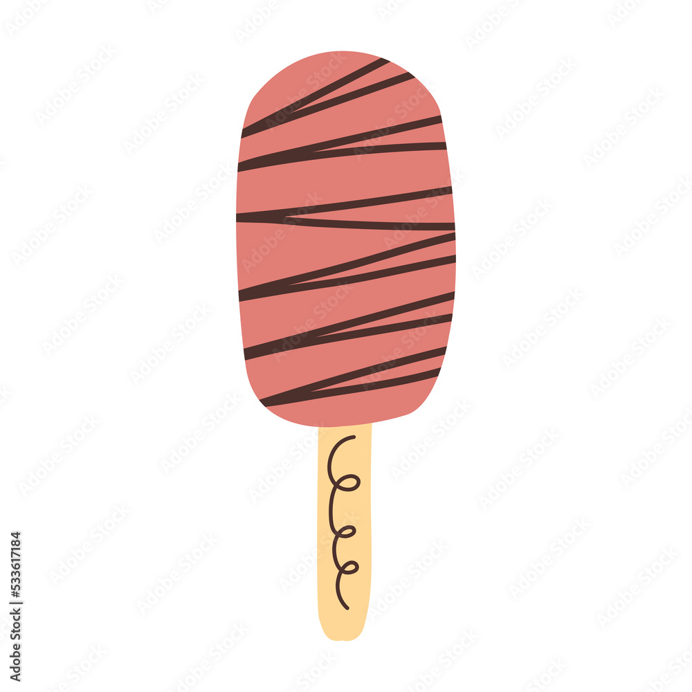 Red ice cream popsicle on a stick with chocolate topping in a hand-drawn flat style. Cute vector illustration isolated on a white background