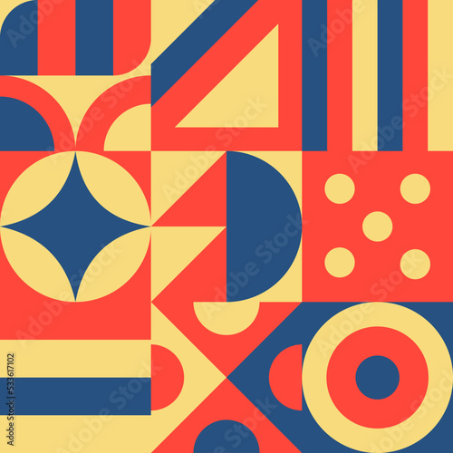 Seamless pattern with geometric design of the 20s  template  layout with elements of primitive forms. Background with retro Bauhaus pattern  vector abstract art of circle  triangle and square line