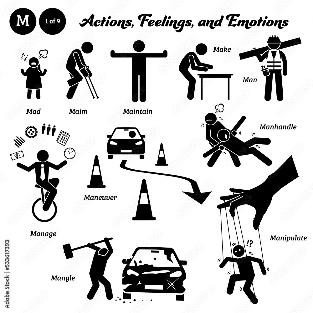 Stick figure human people man action, feelings, and emotions icons alphabet  M. Mend, mentor, merge, mewl, mess, migrate, mighty, methodize, milk, mime,  and mimic. Stock Vector