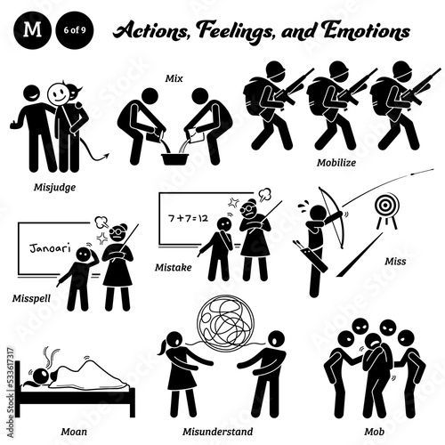 Stick figure human people man action, feelings, and emotions icons alphabet M. Misjudge, mix, mobilize, misspell, mistake, miss, moan, misunderstand, and mob. photo