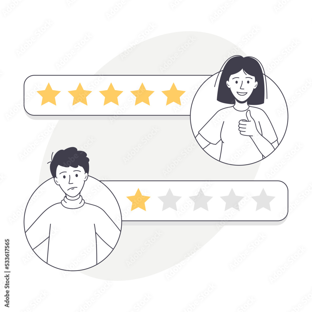Feedback and Customer Review with Man and Woman Avatar with Star Rate Vector Illustration Feedback and Customer Review with Man and Woman Avatar with Star Rate Vector Illustration